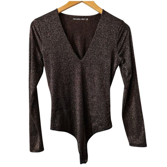 Abercrombie & Fitch Metallic Long Sleeve V-Neck Bodysuit Black Bronze Medium - Picture 1 of 10